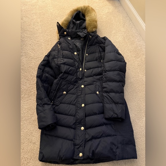 NWOT Navy MK Faux-Fur Hooded Chevron Down Puffer Coat - Picture 2 of 9